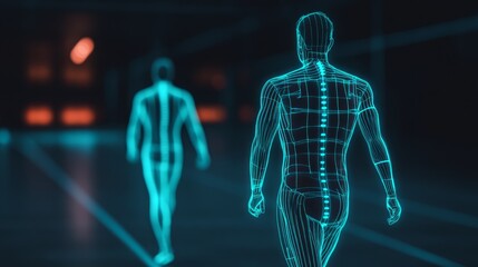 Futuristic Digital Human Figures Walking in a High-Tech Environment, Representing Concepts of Biomechanics, Motion Capture, and Advanced Technology in Sports Science