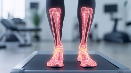 Anatomical Visualization of Human Lower Limbs with Highlighted Bone Structure on Fitness Treadmill in Modern Gym Environment