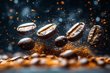 Close-up of coffee beans falling in mid-air against a dark background, capturing their rich texture and earthy tones. The dramatic lighting highlights the beans' natural details, creating a visually s