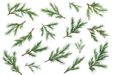 Green Pine Sprigs Arranged on White Background