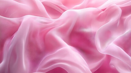 Fototapeta premium Delicate pink organza chiffon fabric background with soft swirling creases for elegant wedding dresses, feminine apparel design, and fine couture sewing concepts