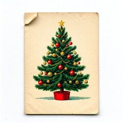 A vintage illustration of a Christmas tree decorated with red and gold ornaments, and a star on top, printed on aged paper with folded edges.