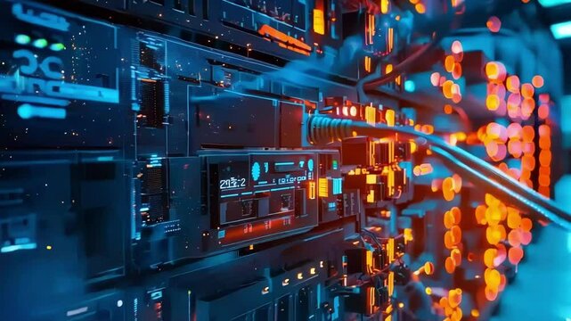 Complex supercomputer working with blinking leds and digital data flowing through cables. Innovative technology and big data concept