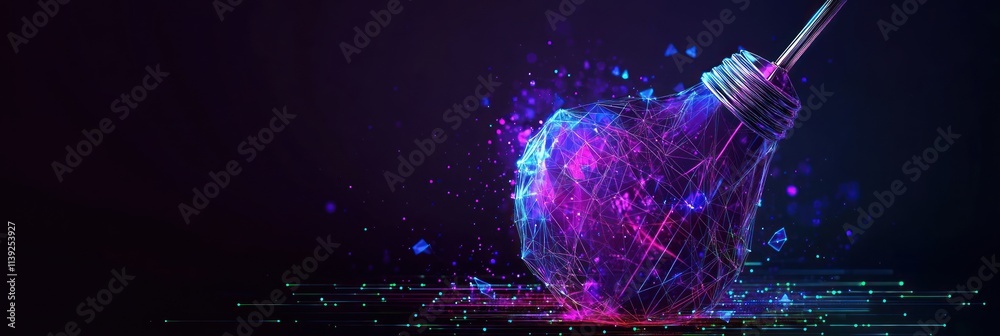 Aufkleber Digital light bulb explodes with vibrant particle effects on a dark background.