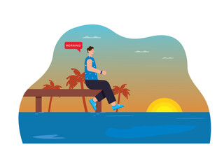 Man sitting on the pier. Sunday morning beautiful day design illustration. Flat Sunday morning vector cartoon illustration.