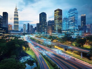 Fototapeta premium Smart City Skyline Reflecting Digital Community