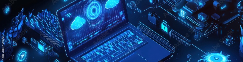 Aufkleber cyber laptop with digital elements and a glowing blue circuit board.