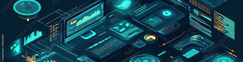 Aufkleber Futuristic tech interface with data, diagrams, and computer.