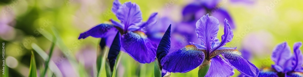 Poster Iris flowers cluster in soft light, green bokeh background.