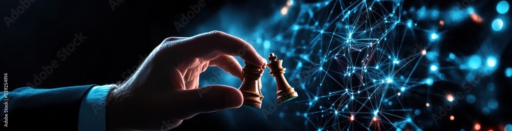 Poster hand holds king chess piece against a tech network background.