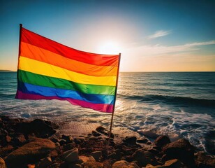 pride flag gay pride lgbtq rainbow colored flag by the ocean sunny blue sky beautiful beach sea view 
