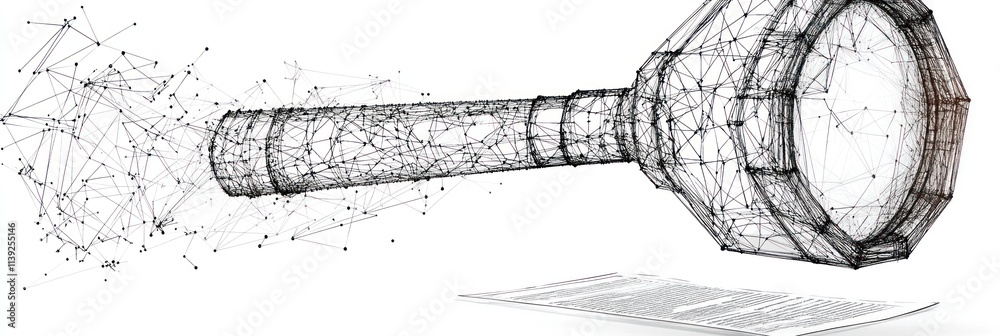 Poster digital, abstract magnification tool with connections, document underneath.