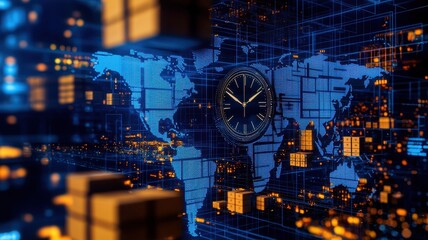 drop shipping store clock Concept. Digital world map with clock and shipping boxes in a tech environment.