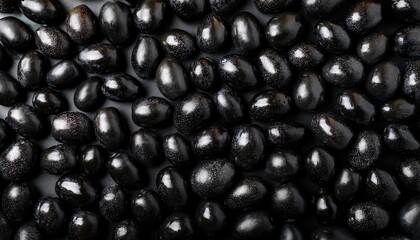 Flat Lay Top View of Bright Ripe Fragrant Black Black olive Fruit as Background