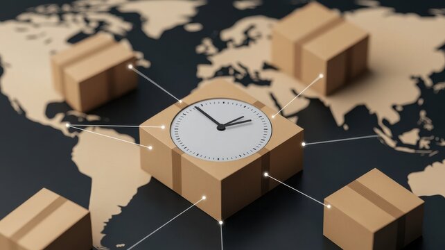 drop shipping store clock Concept. Global shipping concept with packages and a clock on a world map.