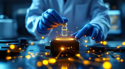 Scientist in Blue Gloves Carefully Places a Vial of Liquid onto a High-Tech Scientific Apparatus in a Modern Laboratory Setting, Illuminated with Glowing Lines Connecting Data Points.