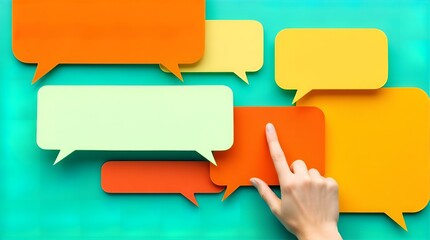 Colorful Speech Bubbles on Teal Background with Hand Interacting, Concept of Communication and Choice