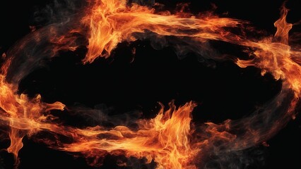Ring of burning fire flames and smoke on black background