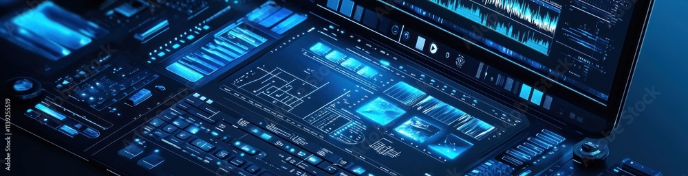 Poster Blue digital display of data analytics, circuits, technology.