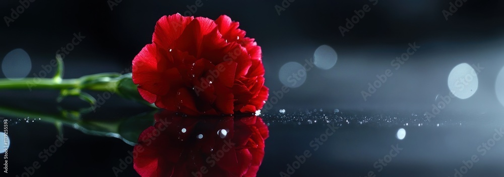 Aufkleber Red carnation with water drops on dark reflective surface with bokeh.