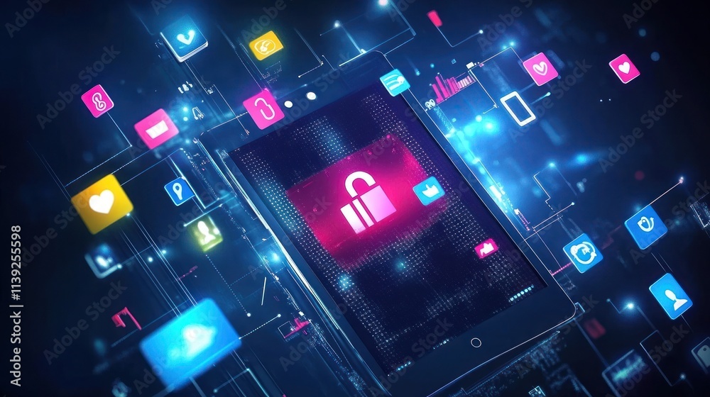 Poster open padlock on tablet, digital network, floating app icons.