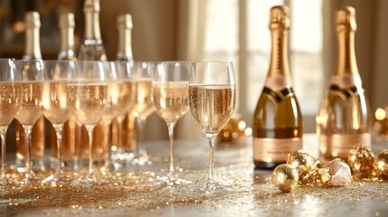 Glasses of champagne and bottles