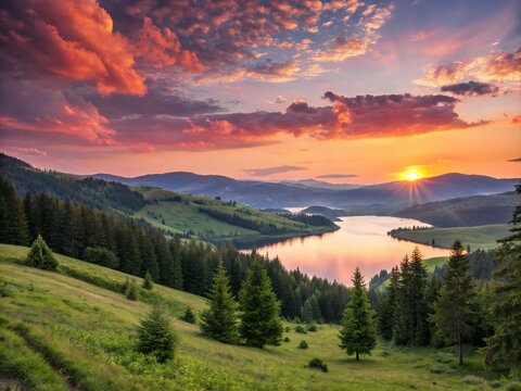 sunset in the mountains. mountain, sky, landscape, forest, nature, mountains, cloud, fog, clouds, hill, sunrise, sunset, tree, mist, view, sun, travel, morning, valley, summer, grass, pine, trees, bea