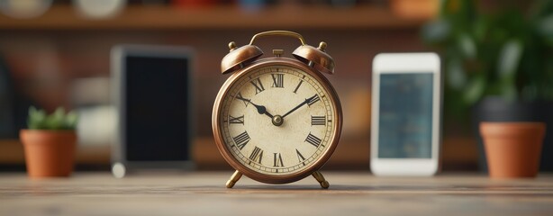 drop shipping store clock Concept. Vintage alarm clock between two smartphones on a wooden table.