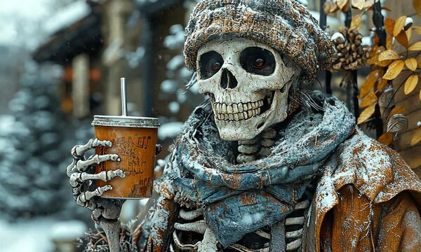 A whimsical skeleton holding a drink in a snowy, festive setting.