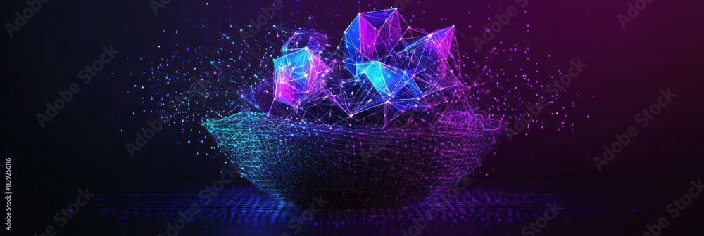 Poster abstract digital low poly crystals with particles, glow.