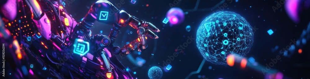 Aufkleber Neon robot with network sphere in cosmic space.