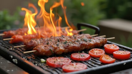 Grilling Delicious Skewers With Fresh Tomatoes in a Backyard Setting During Summer Evening