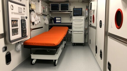 Modern Emergency Medical Room Interior Featuring Bright Orange Stretcher, Advanced Monitors, and Clean, Organized Medical Equipment for Critical Care Situations