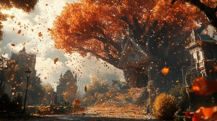 Obraz premium Autumnal Enchantment: Falling Leaves and Historic Houses