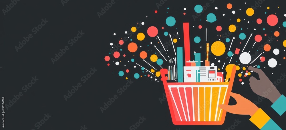 Poster Hands holding shopping cart filled with colorful elements and data.