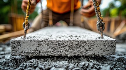 Worker lifting a heavy concrete slab with metal ropes at a construction site, symbolizing strength, hard labor, and the industrial process of building infrastructure.