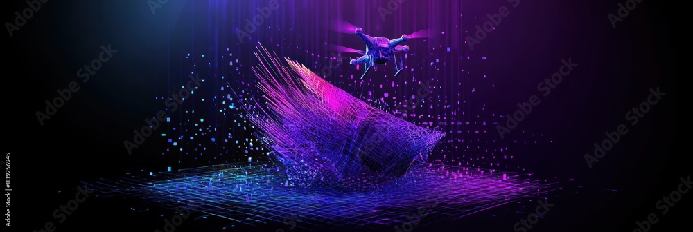 Poster drone over abstract, glowing data stream.