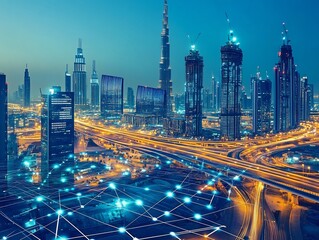 Fototapeta premium Futuristic Smart City Landscape of Dubai with Digital Alumni Associations