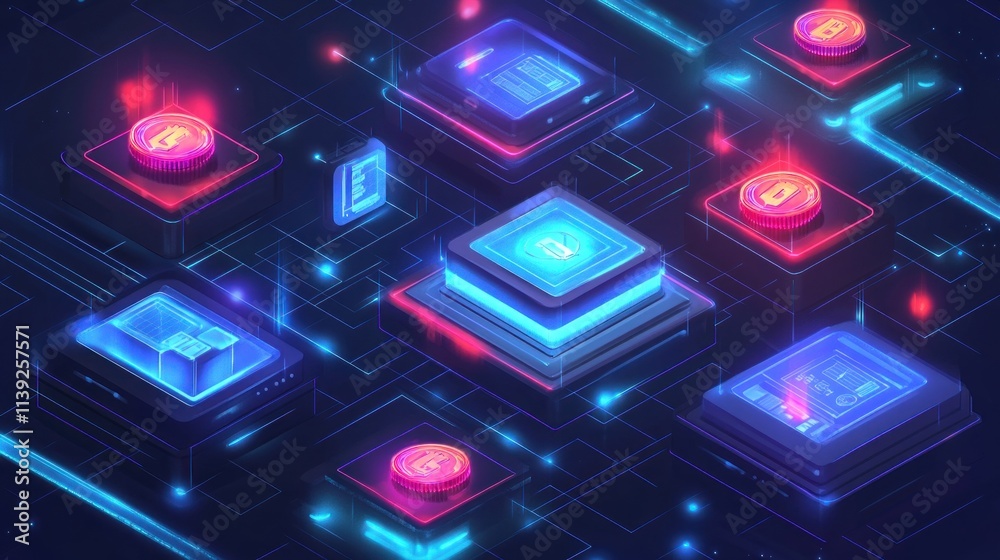 Leinwandbilder neon platforms with digital currency and data on a circuit board.
