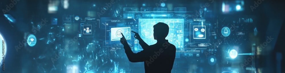 Poster Silhouette using glowing virtual interface.