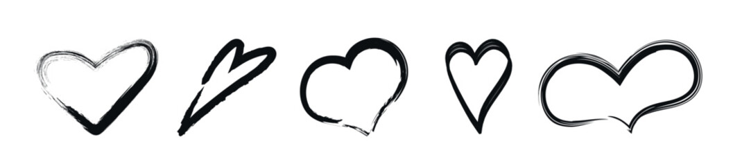 Set collection of Valentine grunge brush ink markers and crayons hearts icons