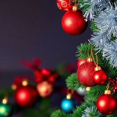 Fototapeta premium Elegant Christmas tree branch with red and gold decorations on a plain blurred background, with space for text