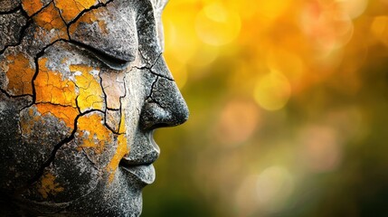 Fototapeta premium Intricate closeup of a stone buddha face serene garden setting high fidelity detail tranquil atmosphere artistic viewpoint spiritual concept