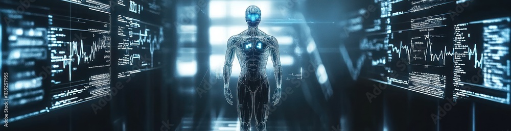 Poster translucent cyborg with glowing data panels in futuristic hall.