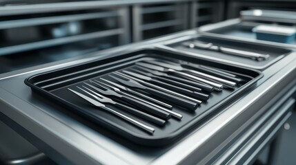 A Close-Up View of a Neatly Organized Tray of Surgical Instruments in a Clinical Environment with Reflection from Metal Surfaces