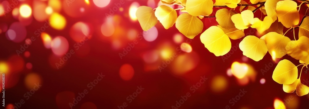 Poster Golden leaves with bright bokeh on dark background.