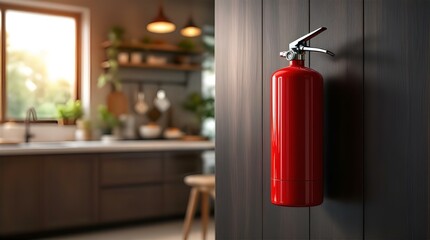Obraz premium Red Fire Extinguisher Mounted on Dark Wood Panel in Modern Kitchen Setting