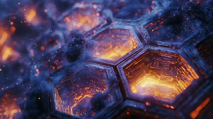 A close up of a hexagonal structure with orange and blue colors
