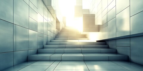 Obraz premium Modern staircase leading upwards towards sunlight in a tiled corridor.