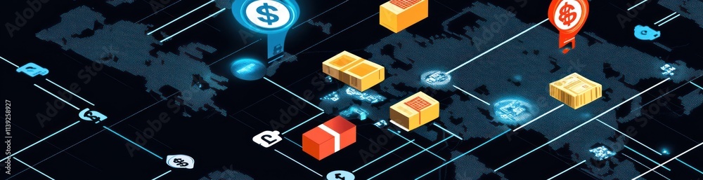 Poster isometric world map with finance and shipping icons and packages.